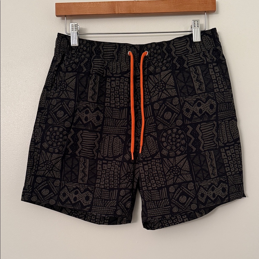 J. Crew Black Geometric Swim Trunks with Orange Drawstring